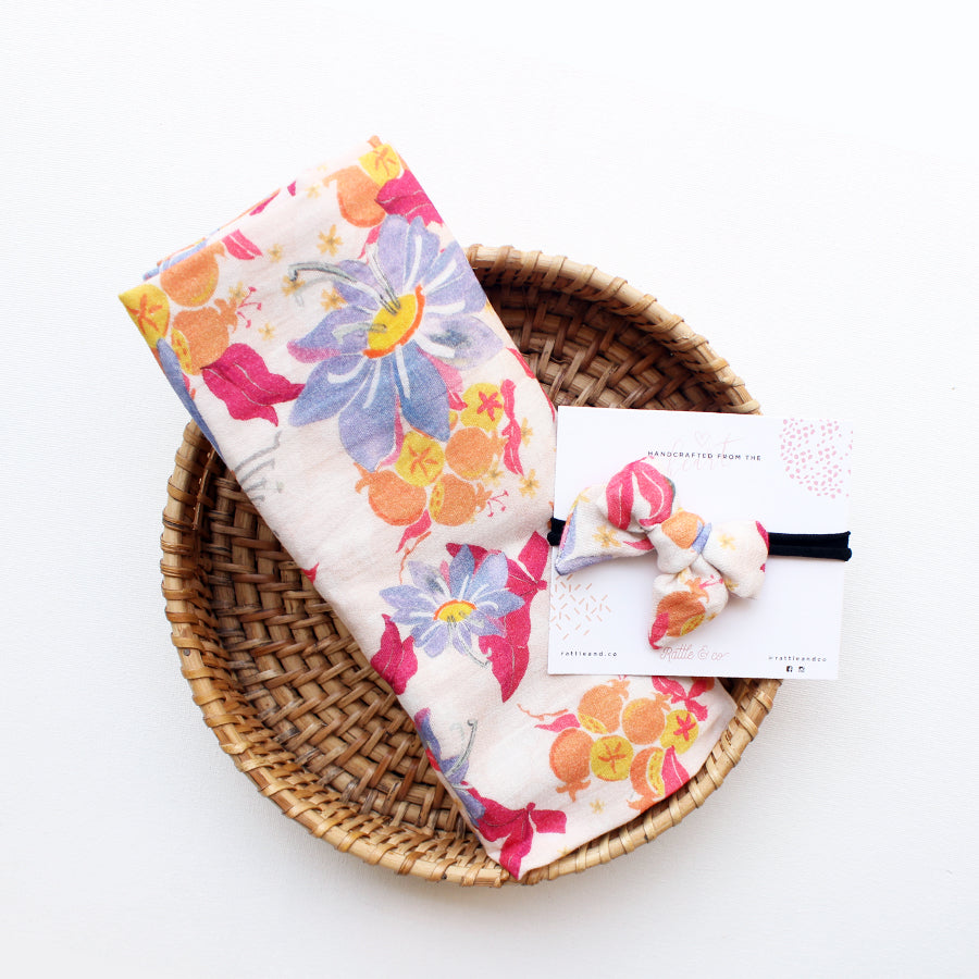 Dream In Flowers - Swaddle + Bow Headband Set